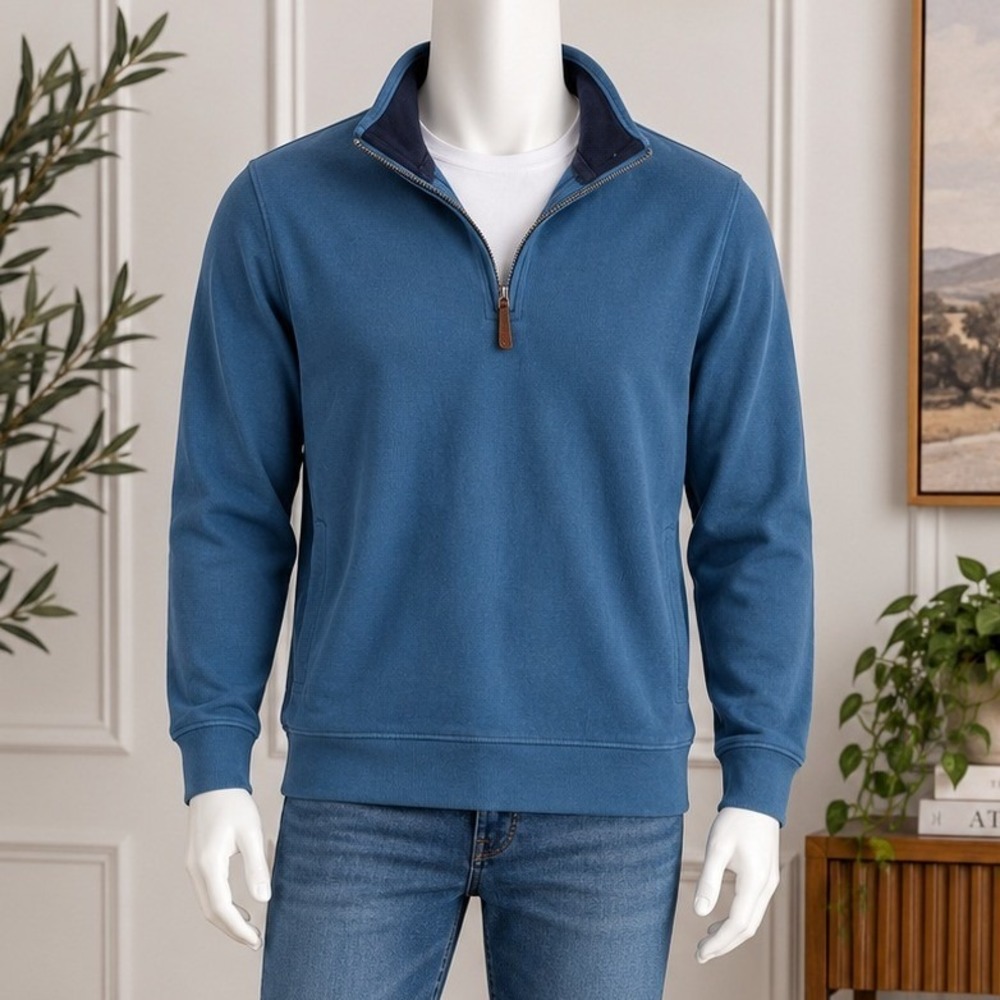 Lands End Mens Pullover Quarter Zip Ribbed Cotton Blend Blue S